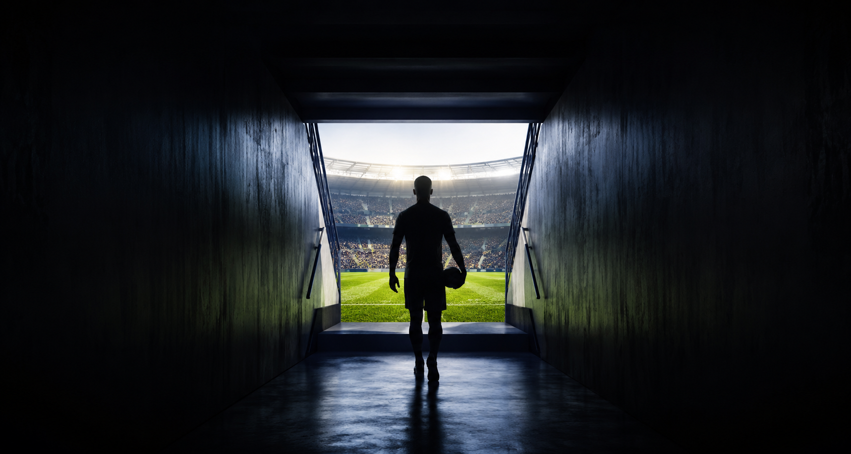 Hero — footballer walking out of the tunnel into a full stadium