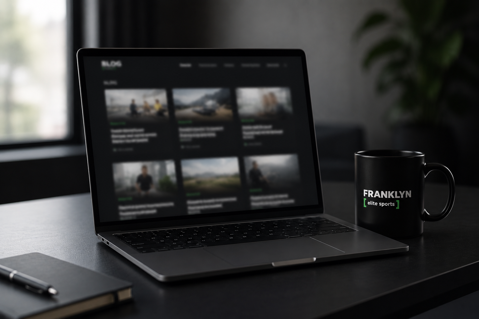 Laptop showing the blog, Franklyn mug beside it