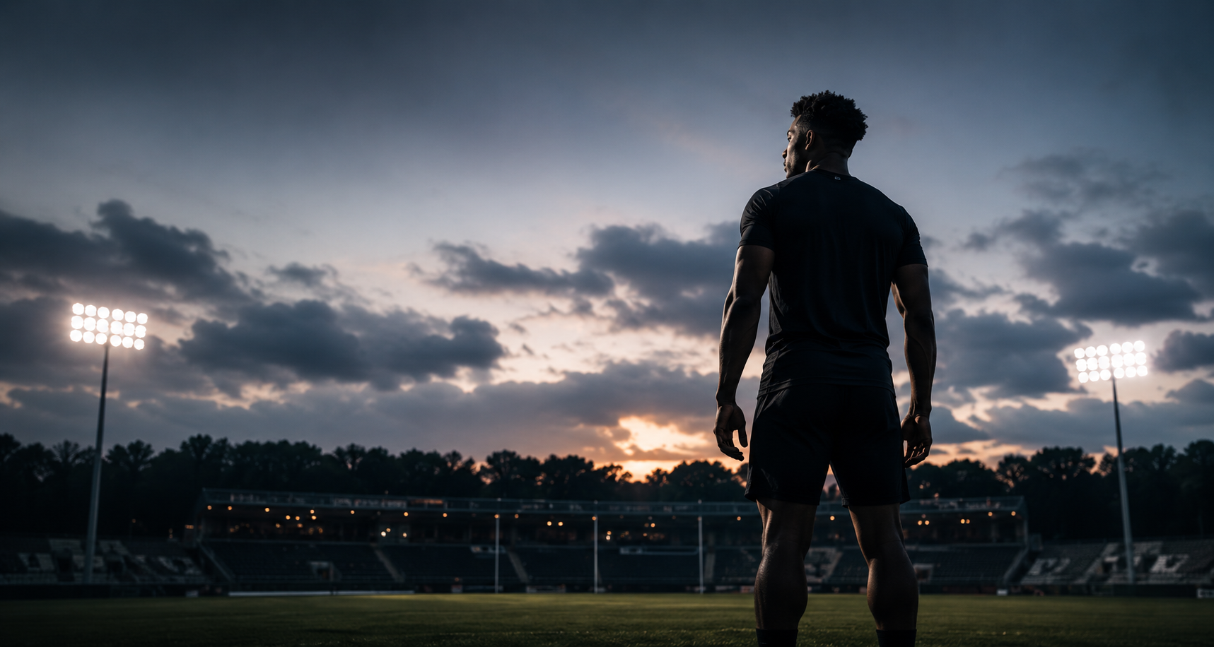 Hero — athlete silhouetted against a stadium at dusk