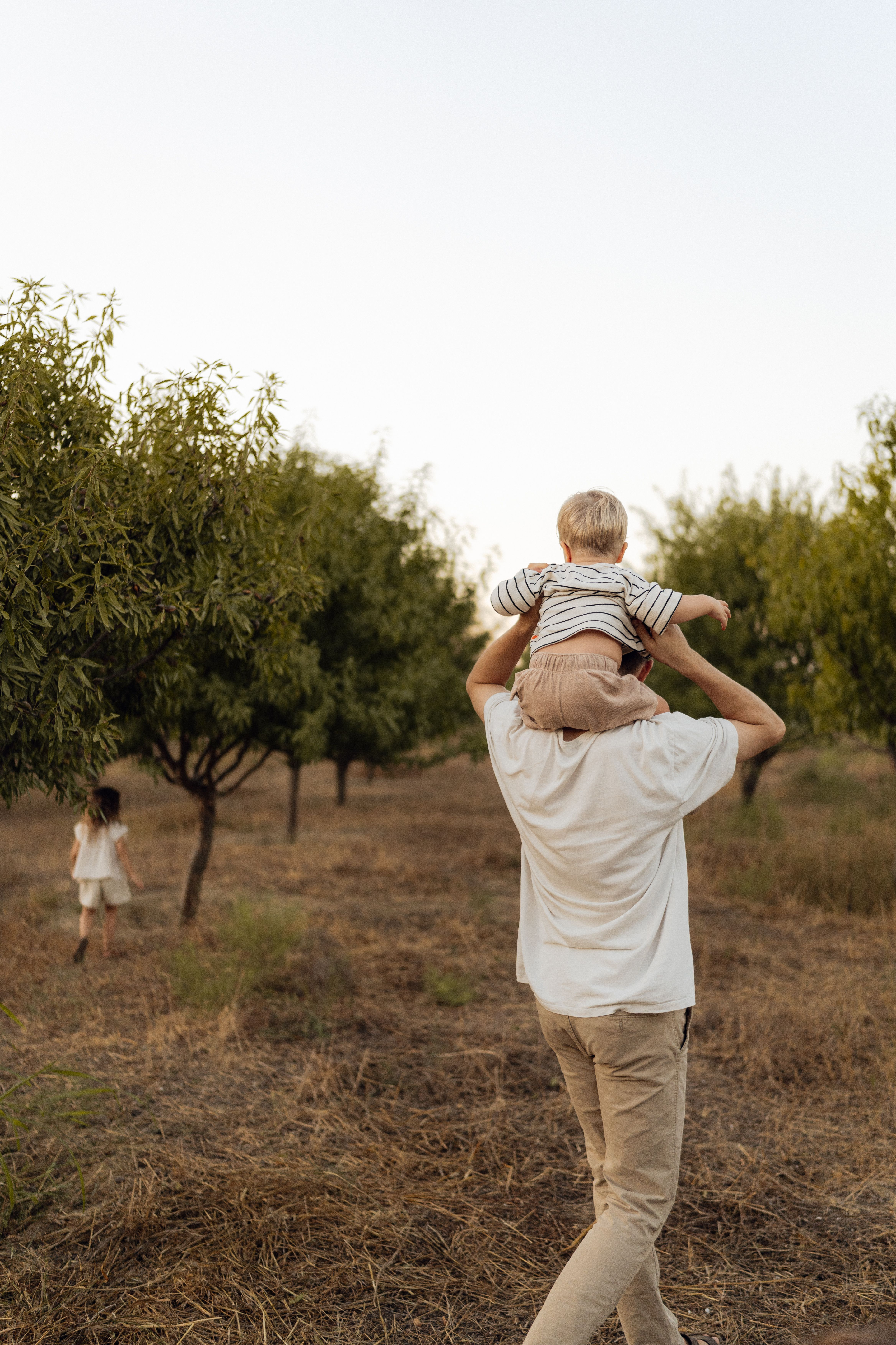Parent with a child on their shoulders walking through an orchard