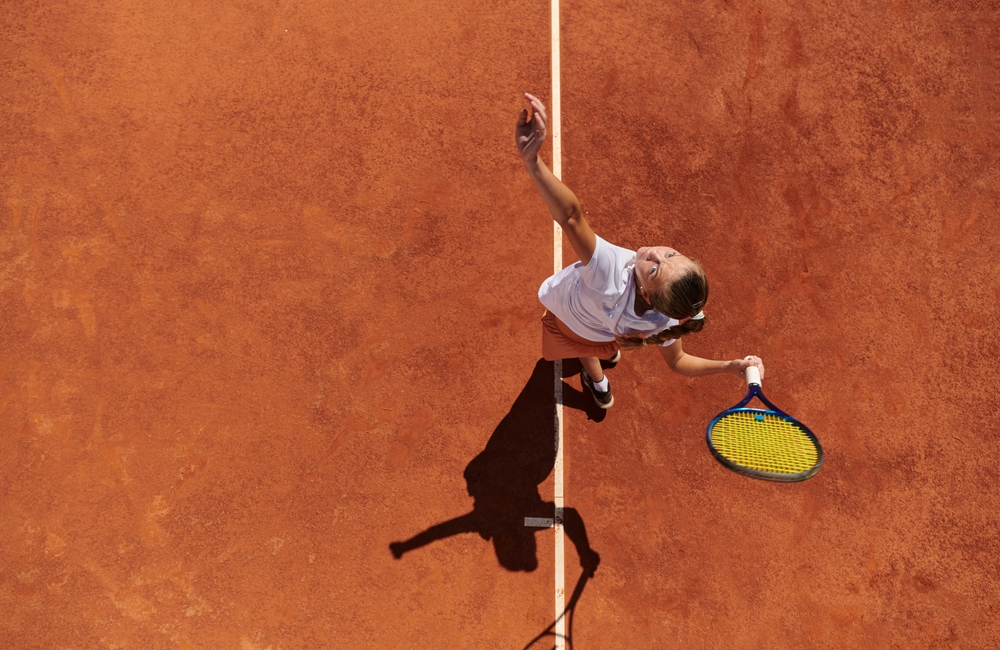 Athlete playing with dog on clay court, overhead