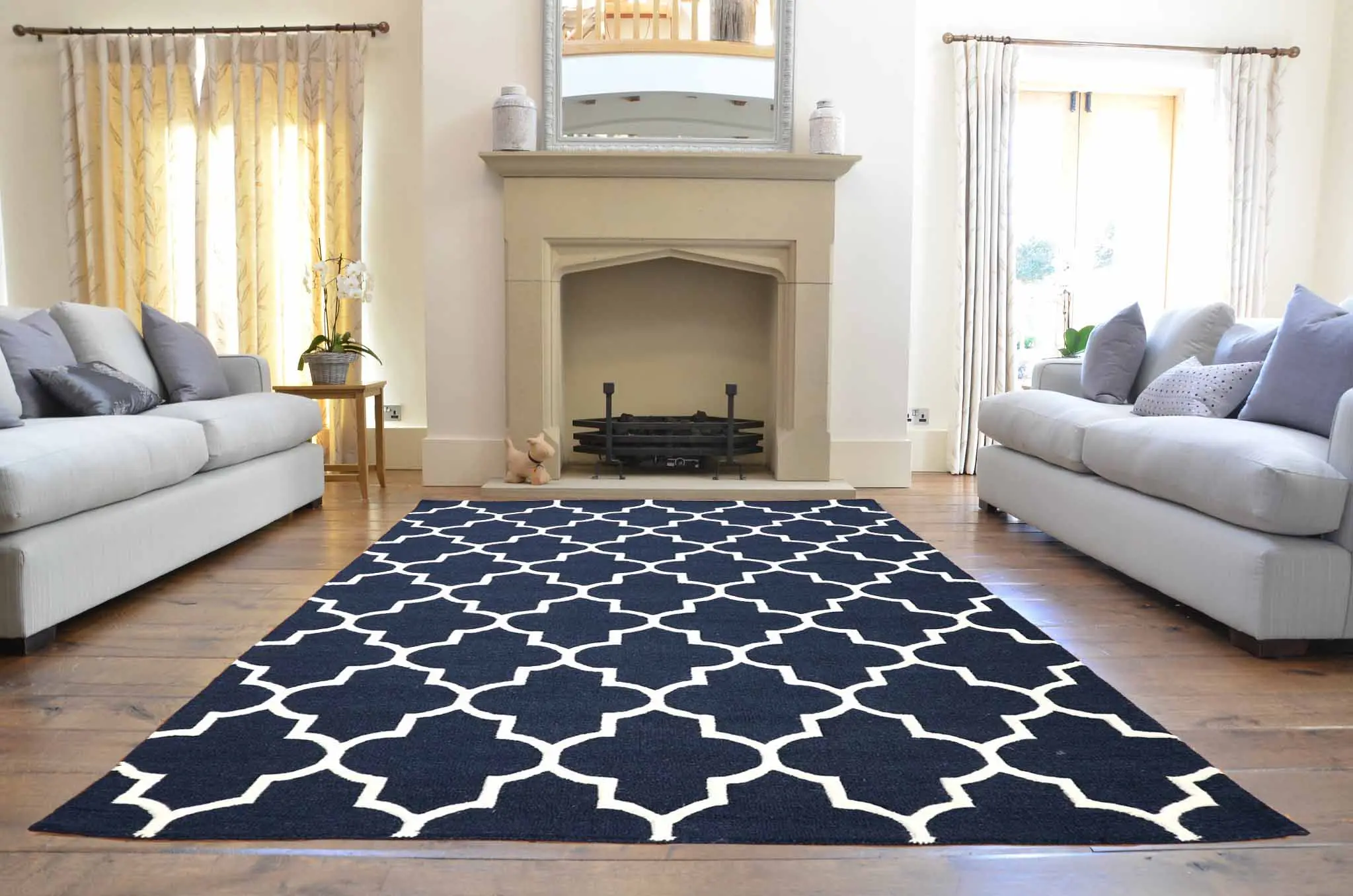 Lattice Design Rug - Dark Blue - Indian Rug with Lattice Design DFS701