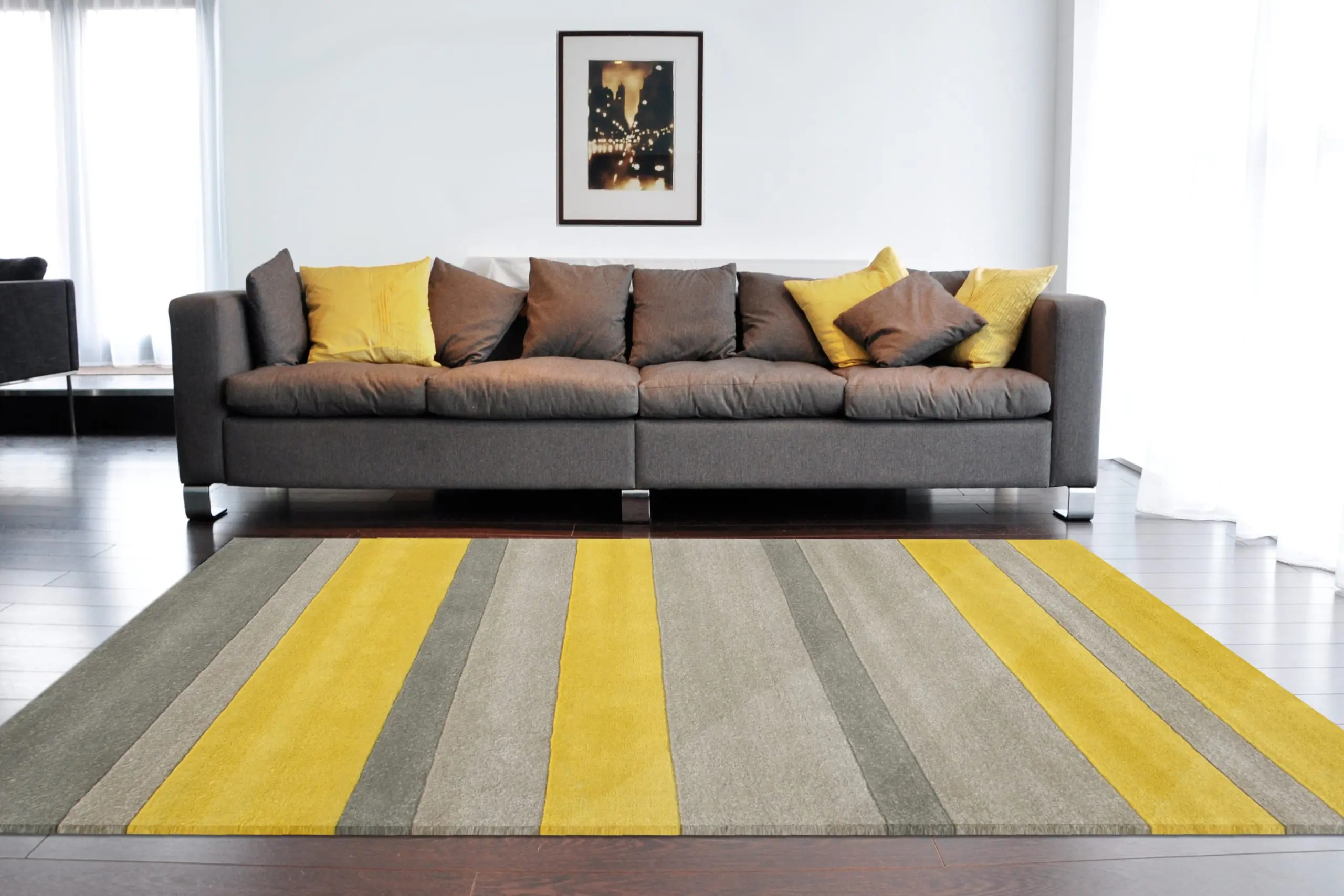 Modern Striped Rug - Grey & Yellow - Indian Rug with Striped Design ECA035
