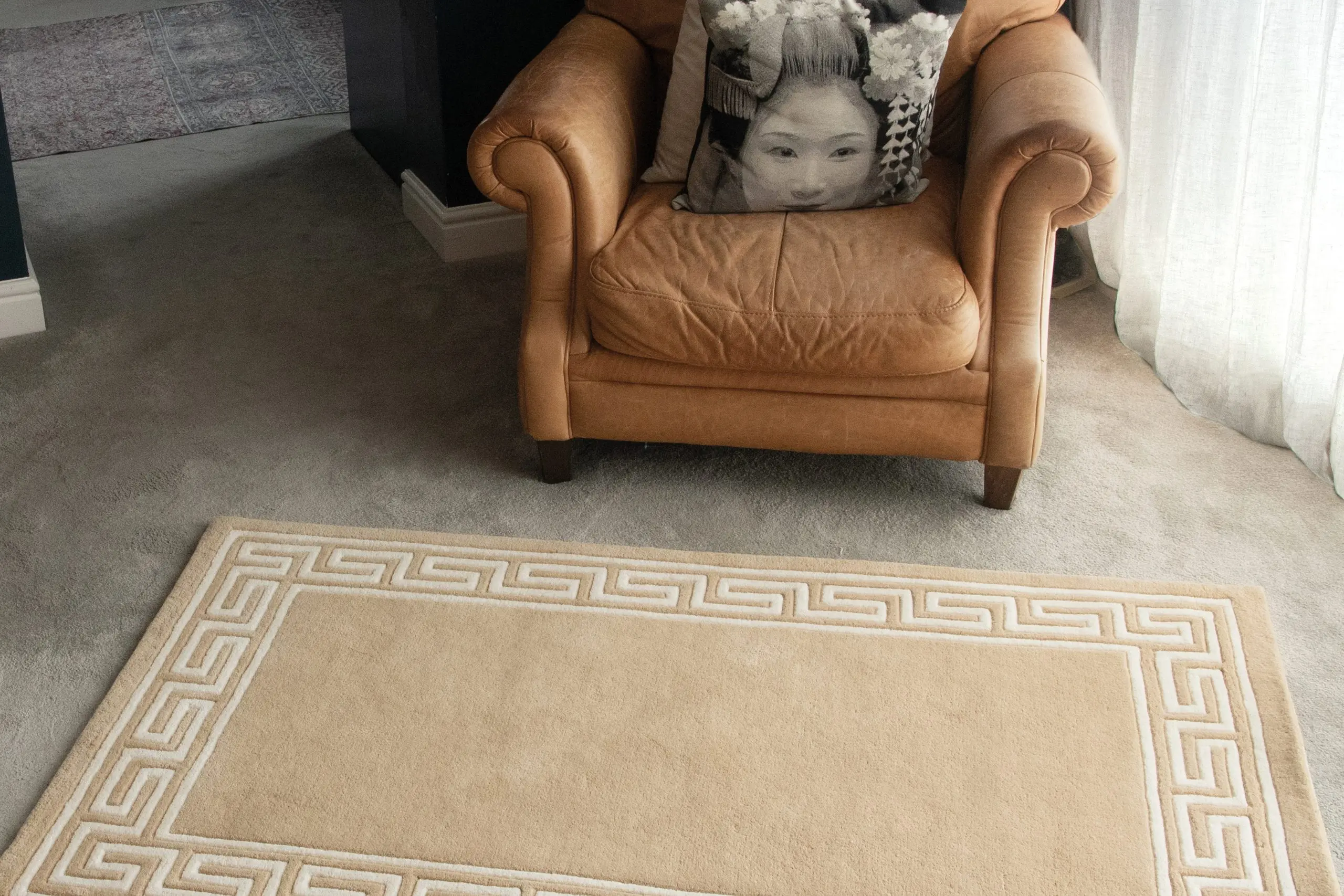 Greek Key Design Rug - Beige - Indian Rug with Carved Greek Inspired Pattern
