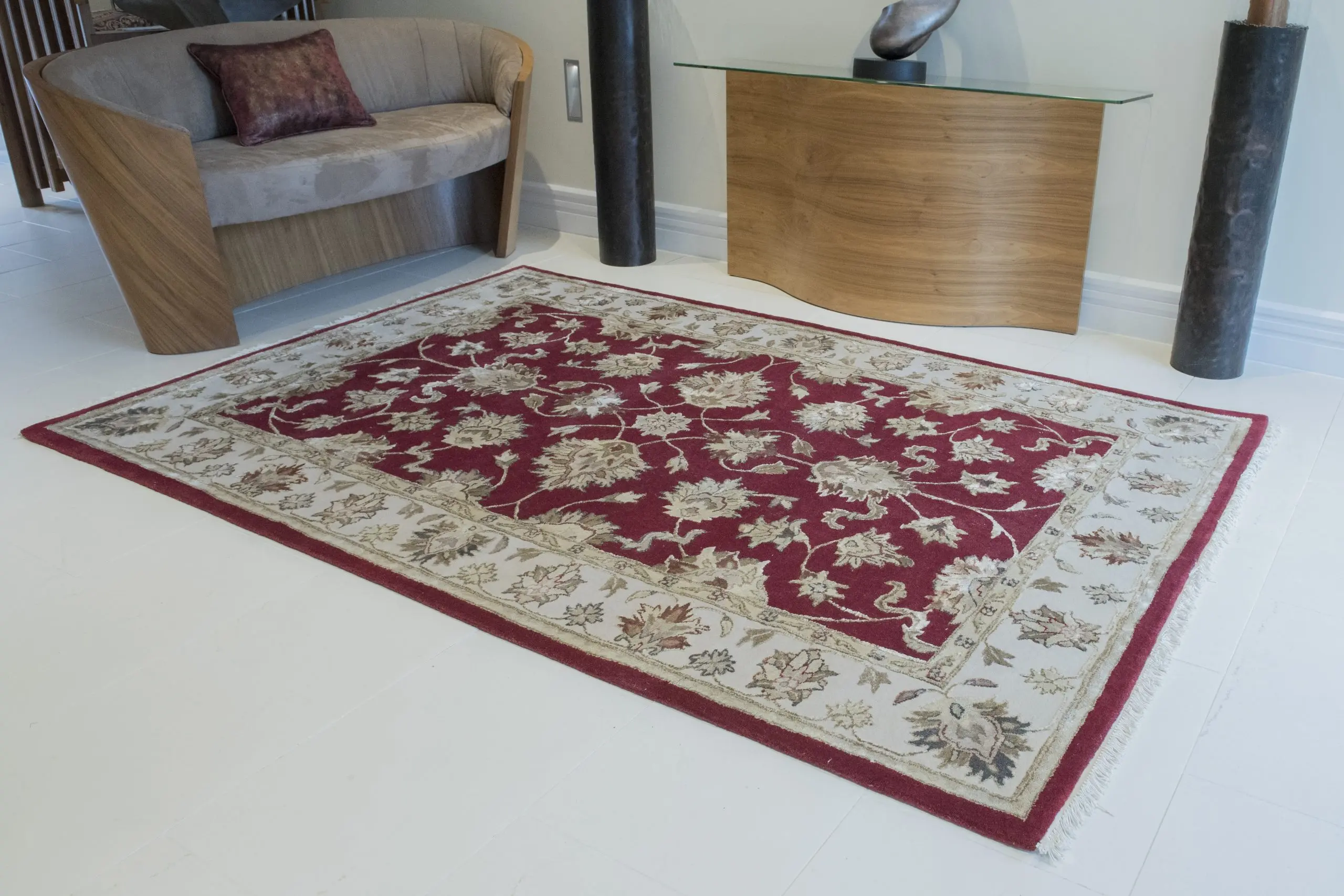 Indian Jaipur rug - Red - Handmade traditional design Wool & Viscose rug