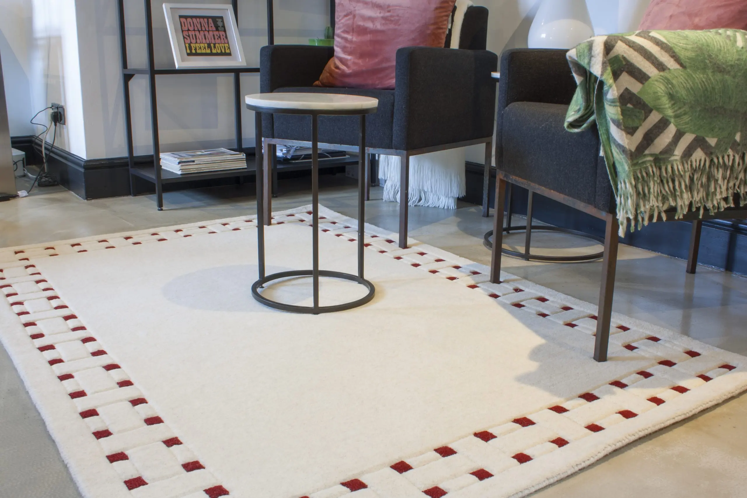 Basket Weave Design rug - Cream & Red - 100% wool Indian rug