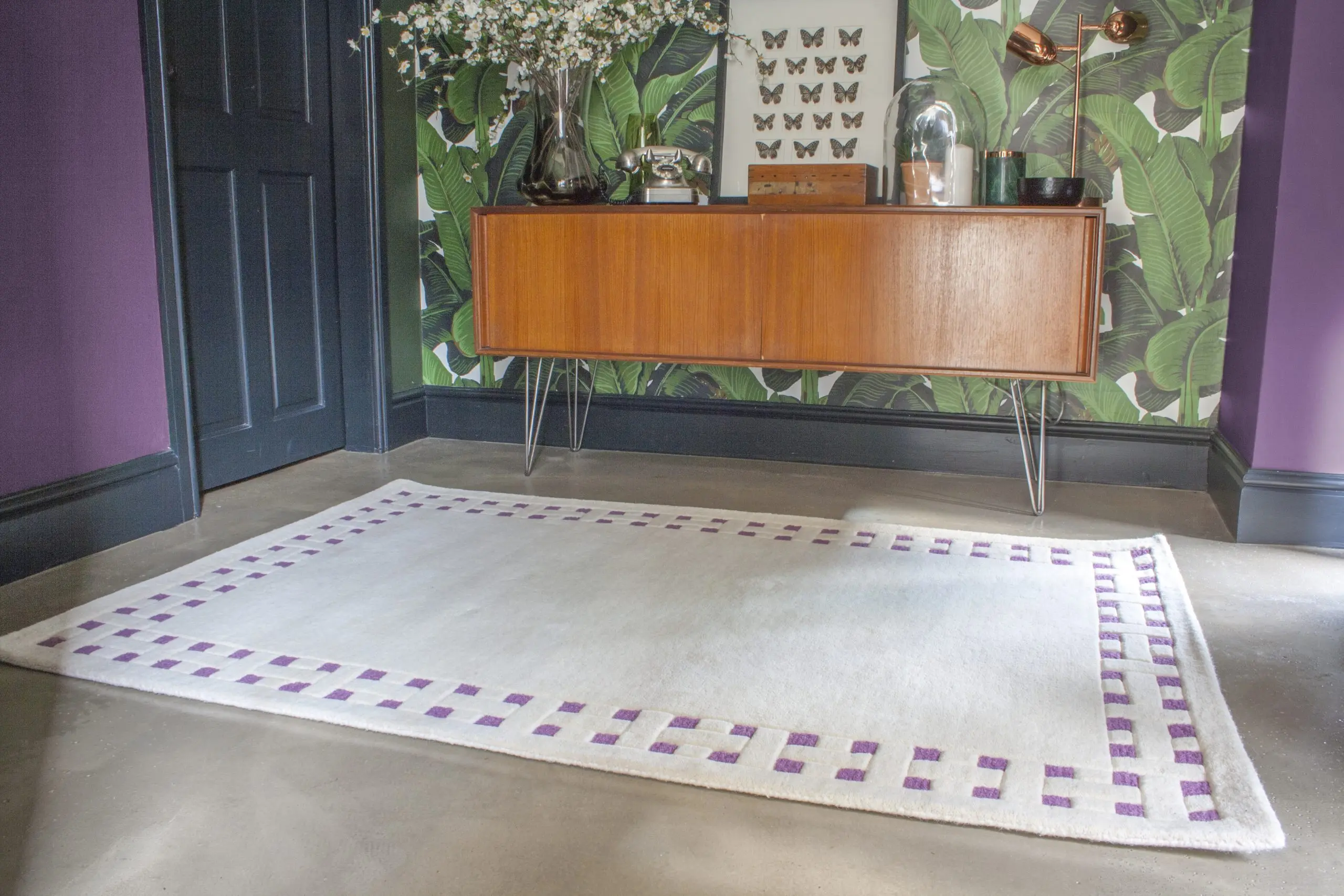 Basket Weave Design rug - Cream & Purple - 100% wool Indian rug