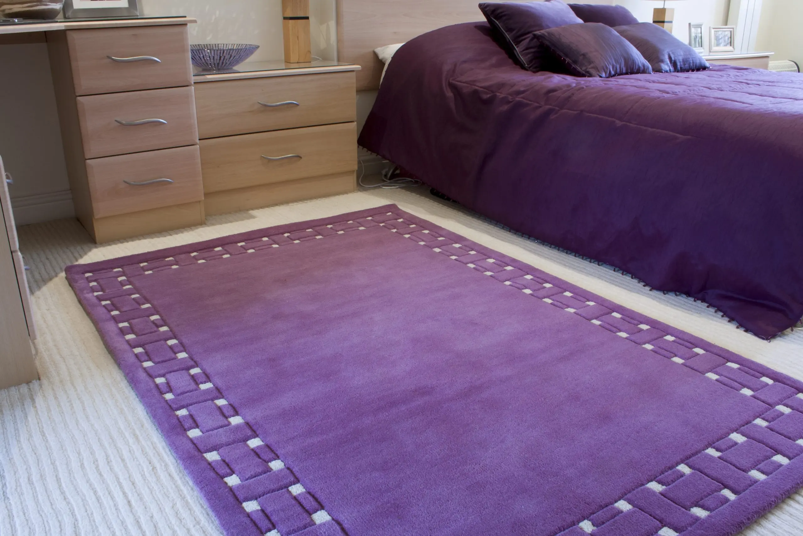 Basket Weave Design rug - Purple and Cream - 100% wool Indian rug