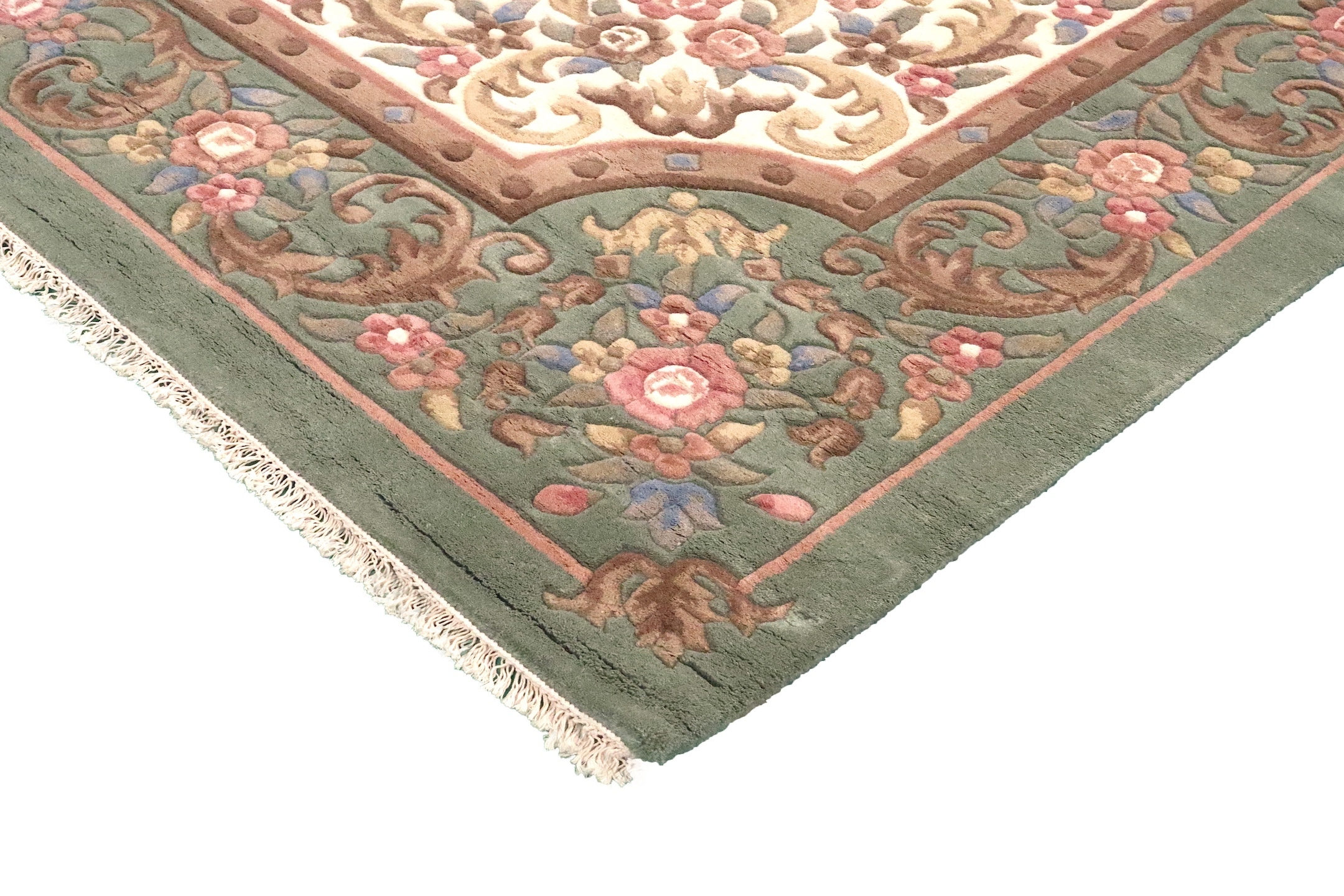 Mahal Indian Rug - Green & Cream - Handknotted Floral design Indian rug MAH030002 424 x 305
