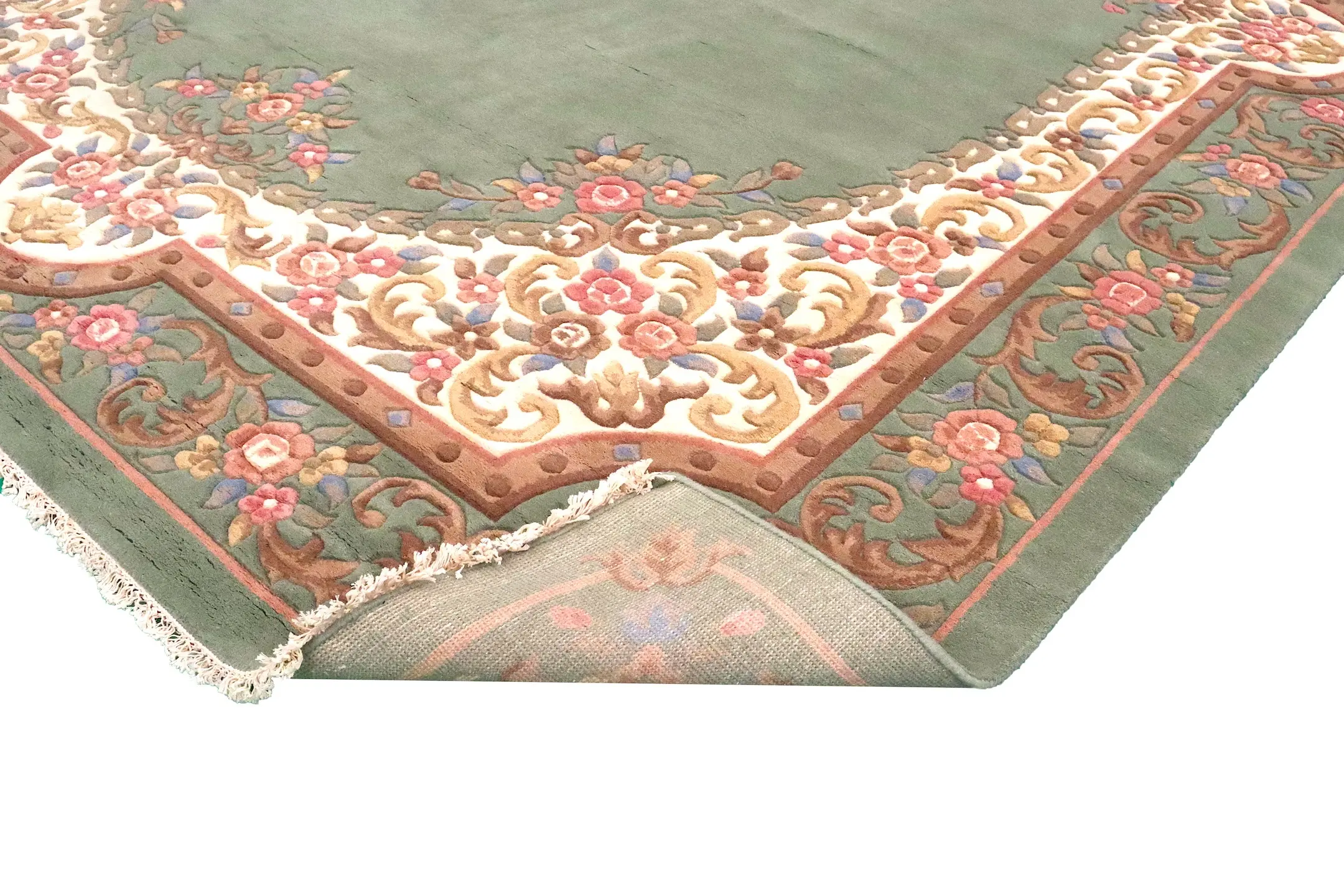 Mahal Indian Rug - Green & Cream - Handknotted Floral design Indian rug MAH030002 424 x 305