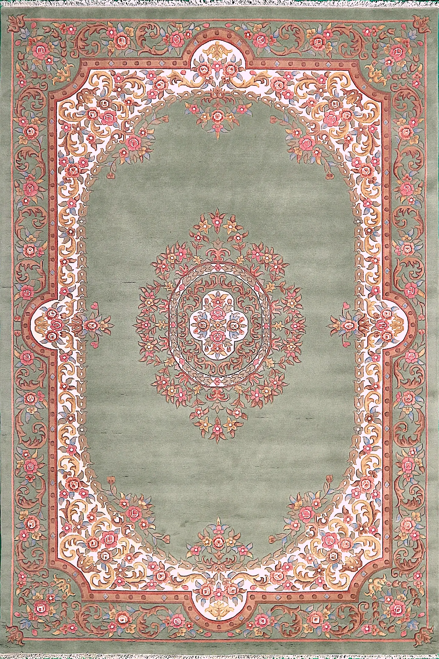 Mahal Indian Rug - Green & Cream - Handknotted Floral design Indian rug MAH030002 424 x 305