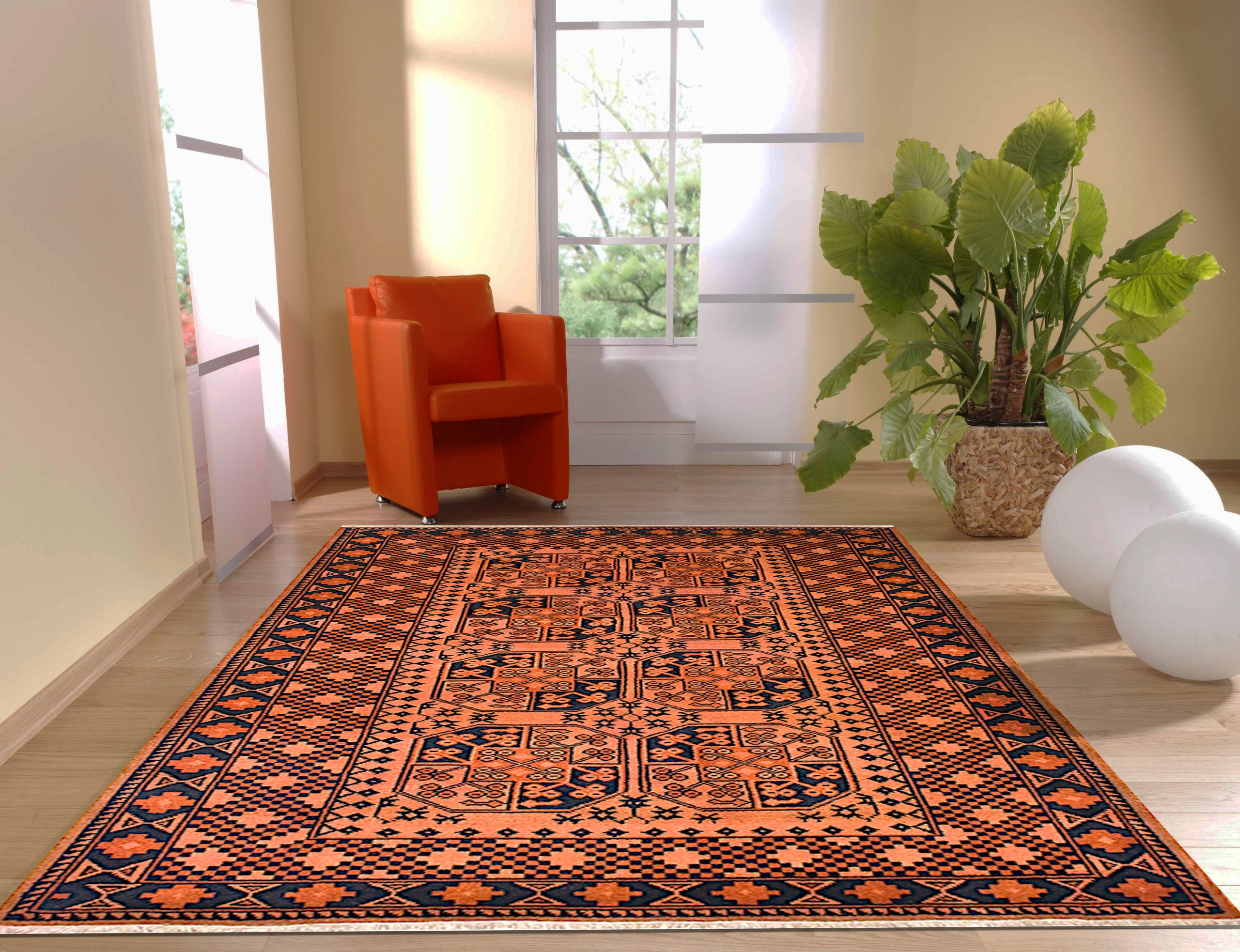 Afghan Rug - Orange - Handknotted rug with traditional Afghan design IRE002