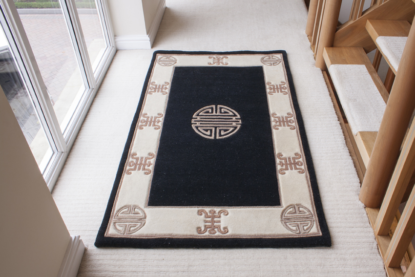 Indian Superwashed  Rug - Black - Indian Fu Shou design Rug ISW107