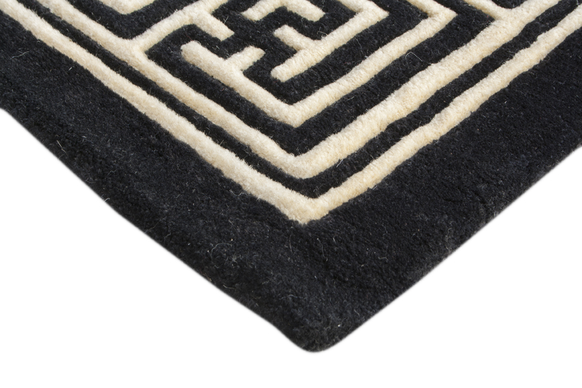 Indian Superwashed Rug - Cream & Black - Indian Greek Key design Rug ISW150