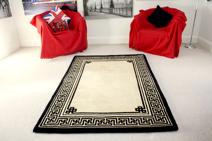 Indian Superwashed Rug - Cream & Black - Indian Greek Key design Rug ISW150