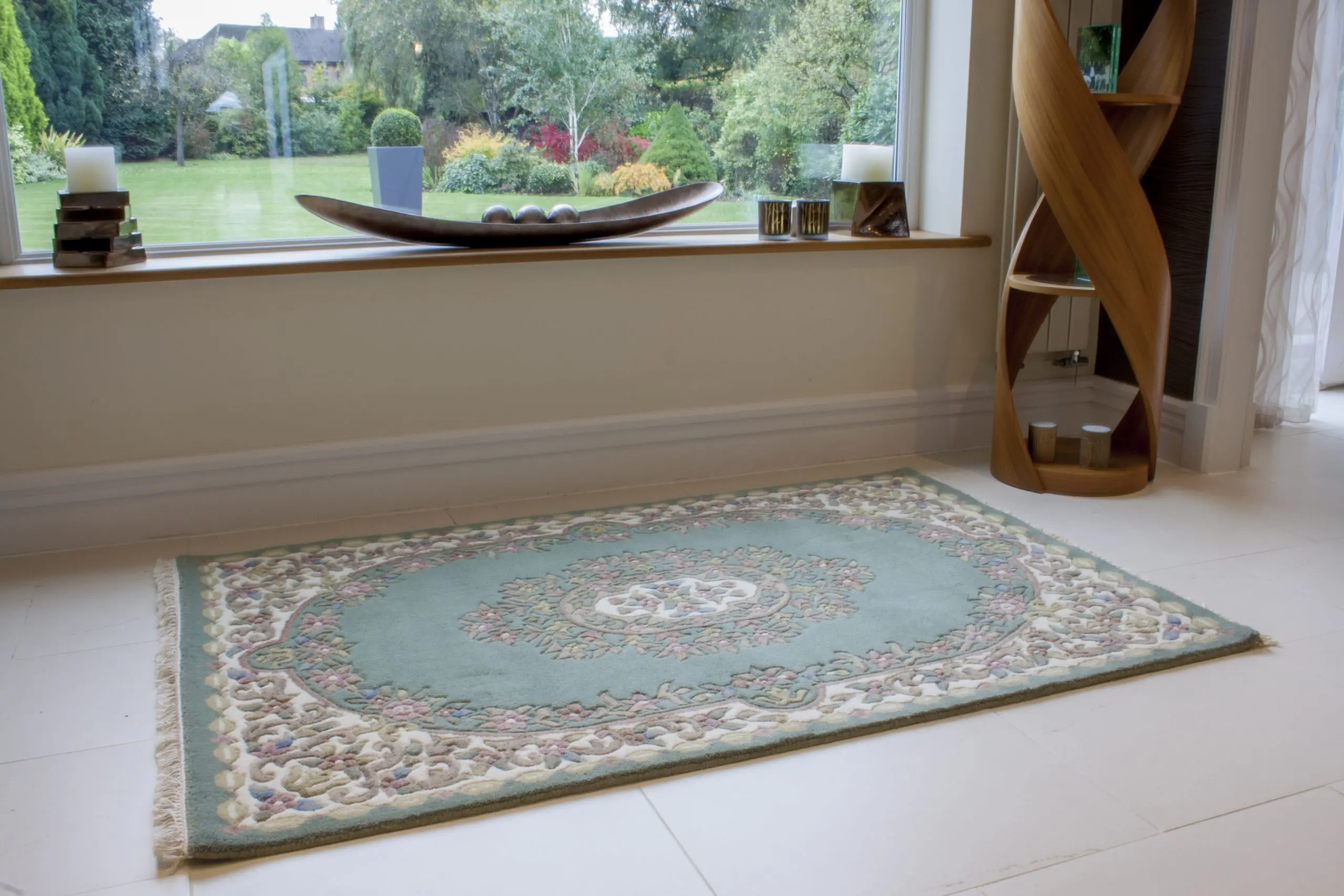 Mahal Indian Rug - Green & Cream - Handknotted Floral design Indian rug