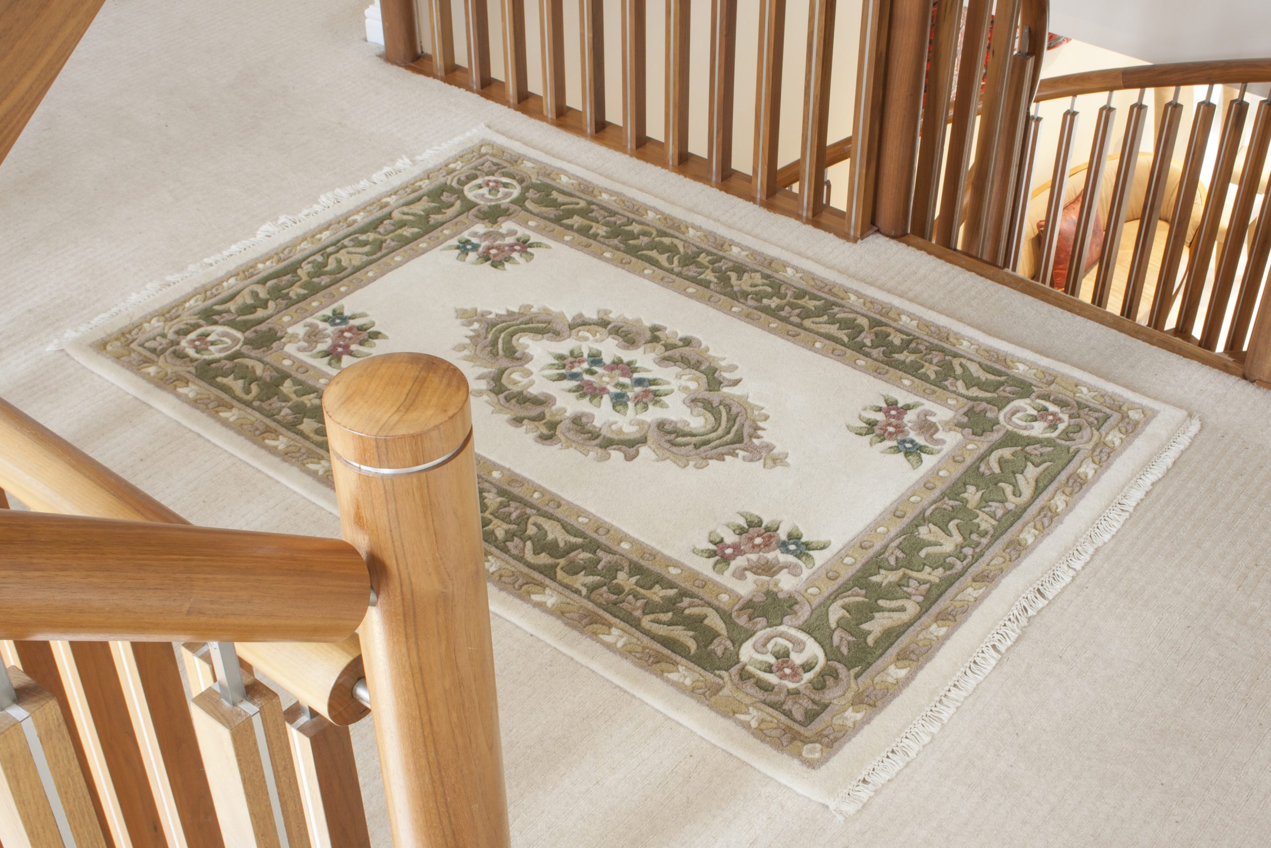 Super Rajbik rug - Cream & Green - Handknotted Indian Aubusson design rug RAJ001