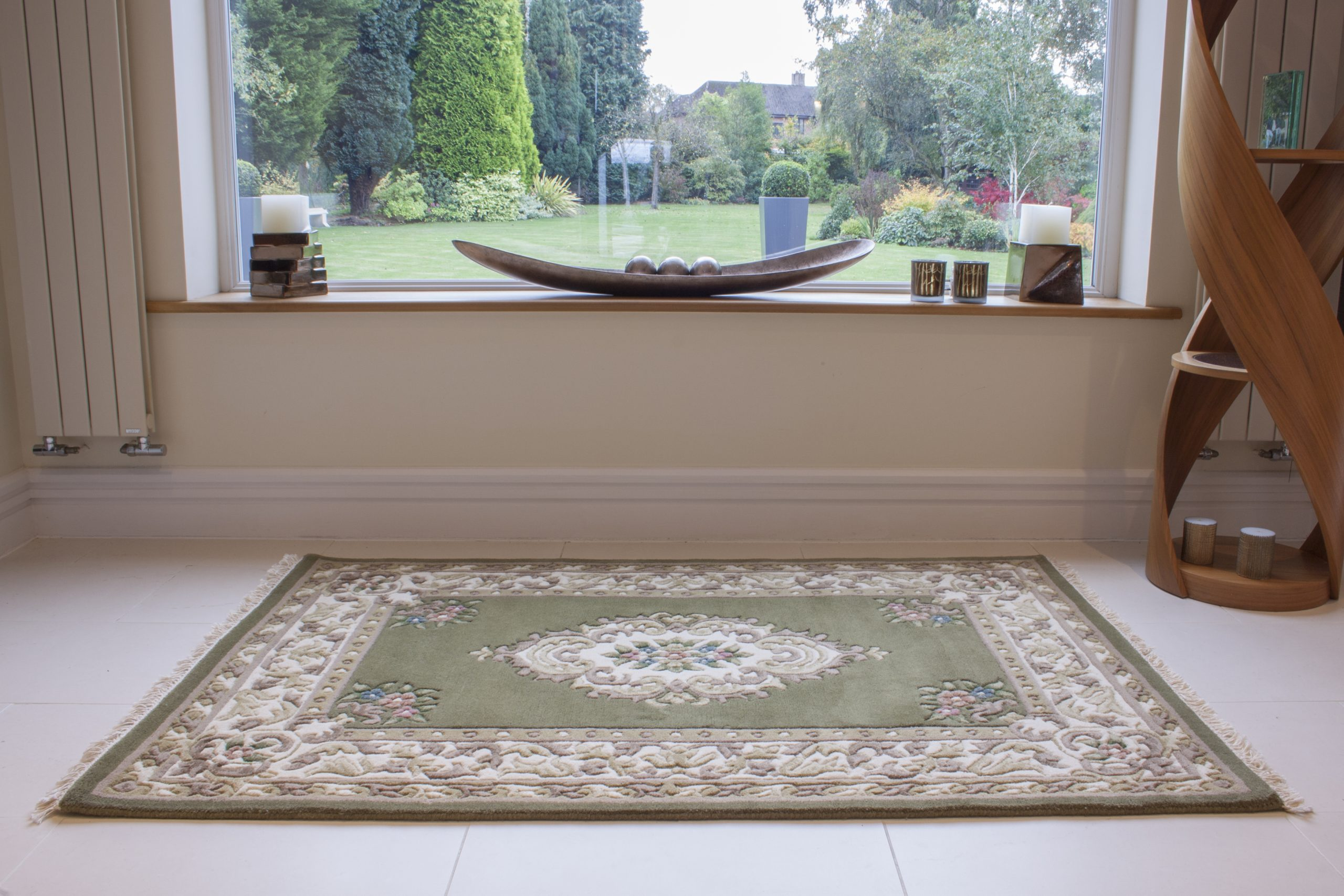 Super Rajbik rug - Green & Cream - Handknotted Indian Aubusson design rug RAJ002
