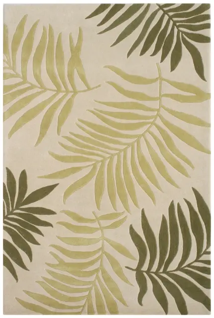 Modern Palm Leaf Rug - Green & Cream - Indian Rug with Botanical Design - ECA001