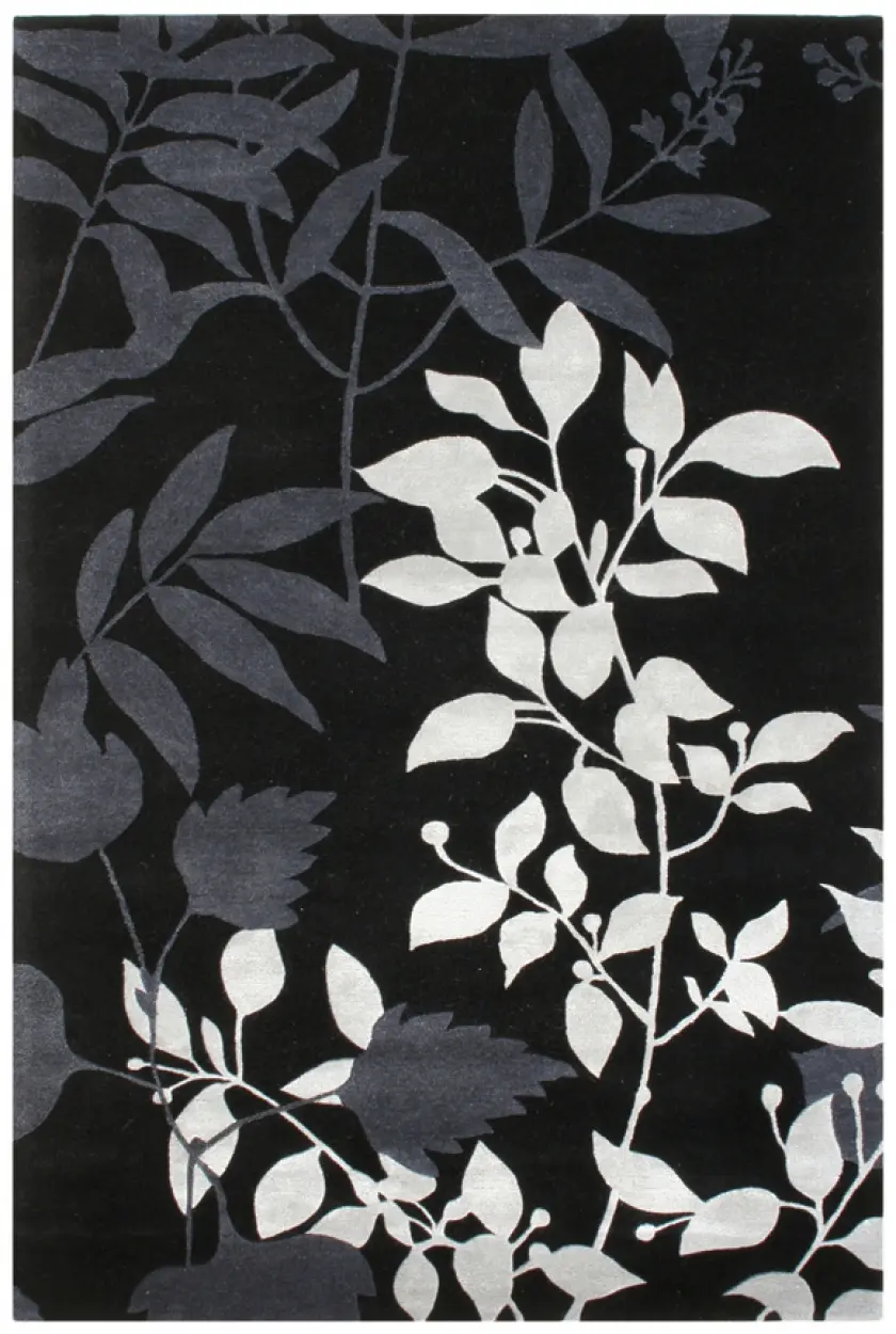 Modern Leaf Rug - Black - Indian Rug with Botanical Pattern