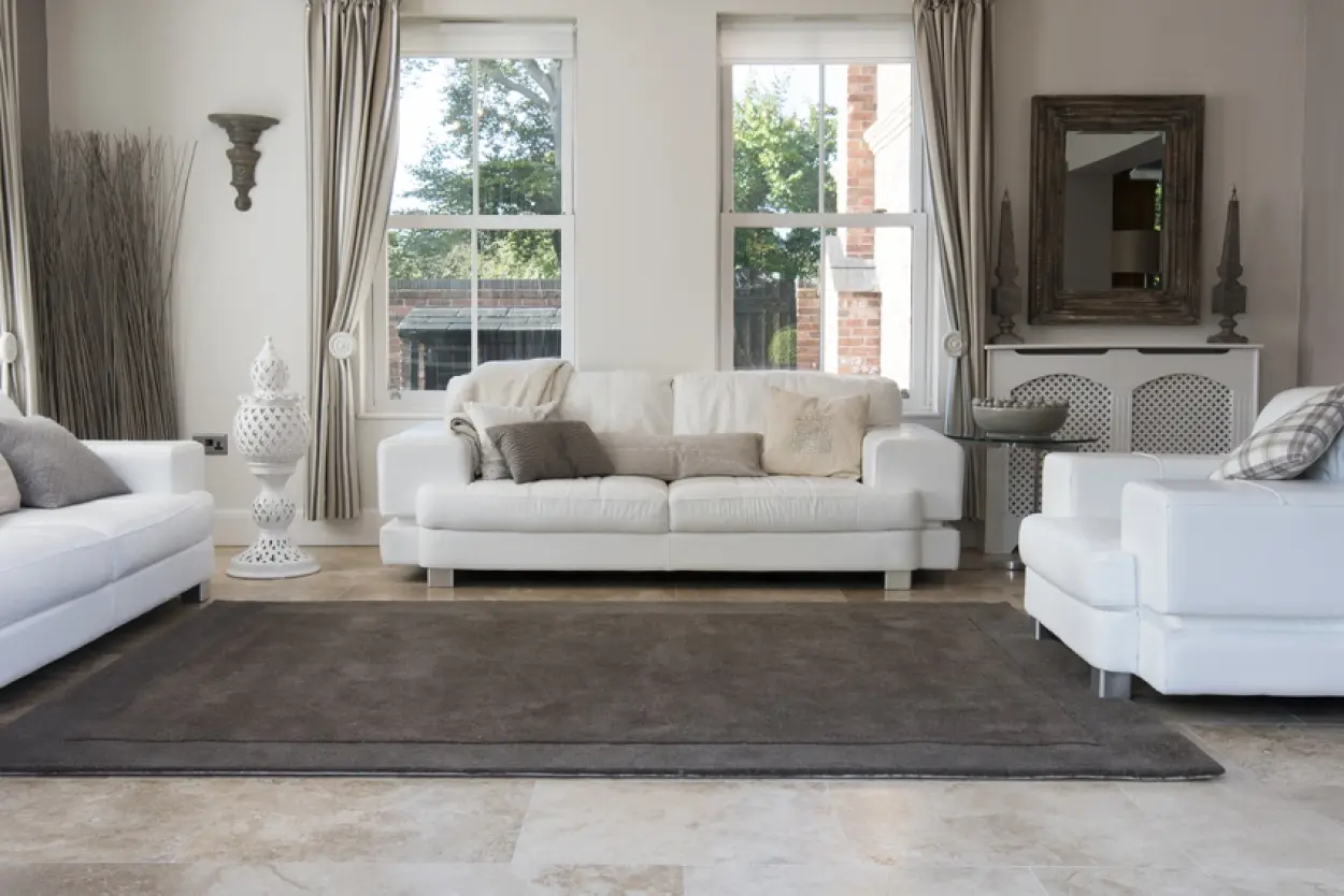 Plain Neutral Wool Rug - Brown - Indian Rug with Carved Border