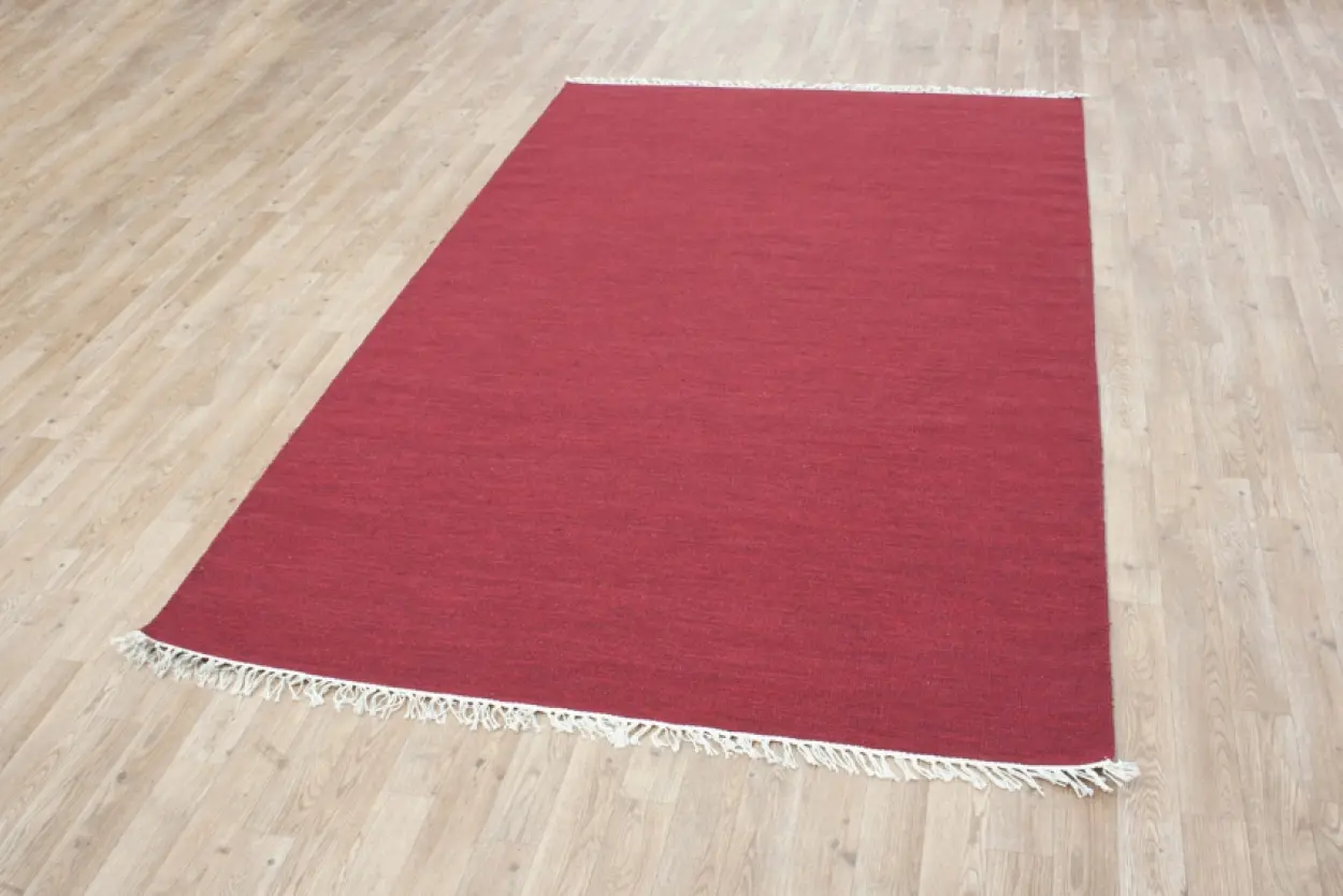 Indian Dhurrie rug - Red - Handmade plain Wool & cotton rug