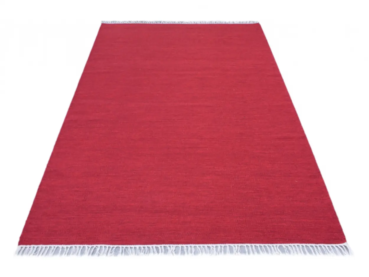 Indian Dhurrie rug - Red - Handmade plain Wool & cotton rug HDU002