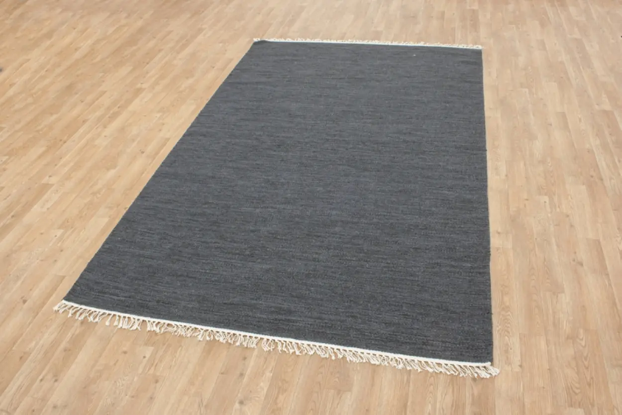 Indian Dhurrie rug - Grey - Handmade plain Wool & cotton rug