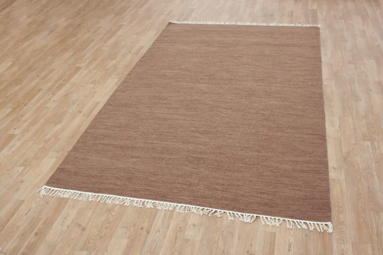 Indian Dhurrie rug - Brown - Handmade plain Wool & cotton rug