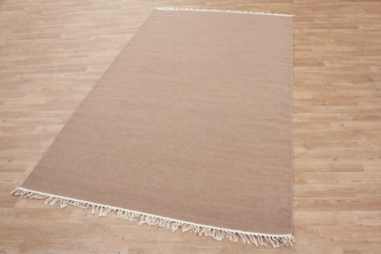 Indian Dhurrie rug - Beige - Handmade plain Wool & cotton rug