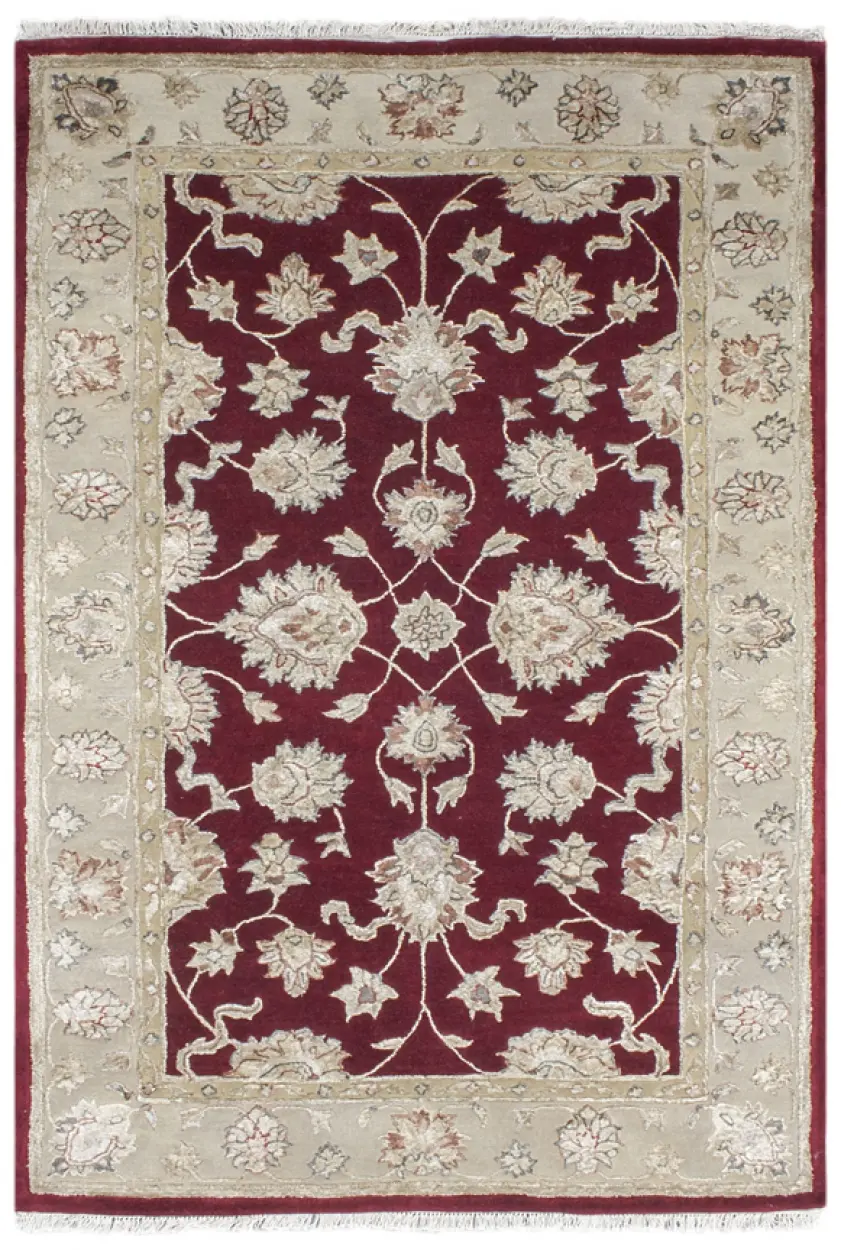 Indian Jaipur rug - Red - Handmade traditional design Wool & Viscose rug
