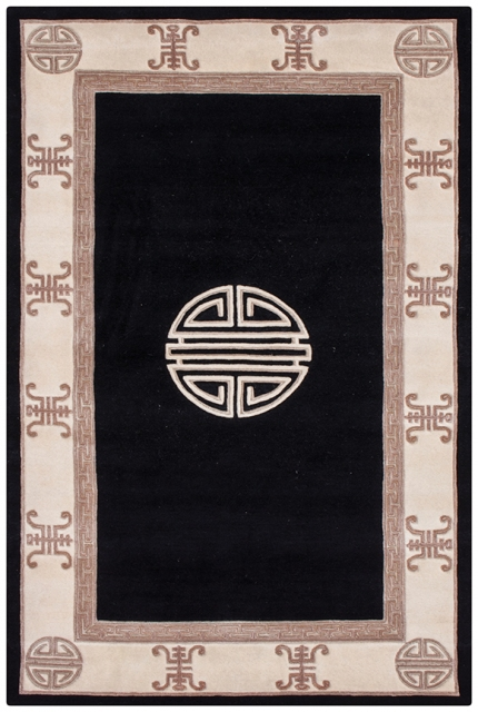 Indian Superwashed Rug - Black - Indian Fu Shou design Rug ISW107