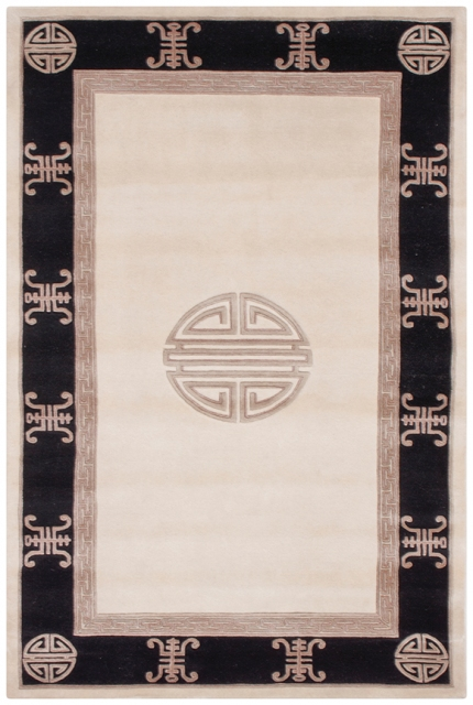 Indian Superwashed Rug - Cream & Black - Indian Fu Shou design Rug ISW108