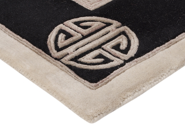 Indian Superwashed  Rug - Cream & Black - Indian Fu Shou design Rug ISW108
