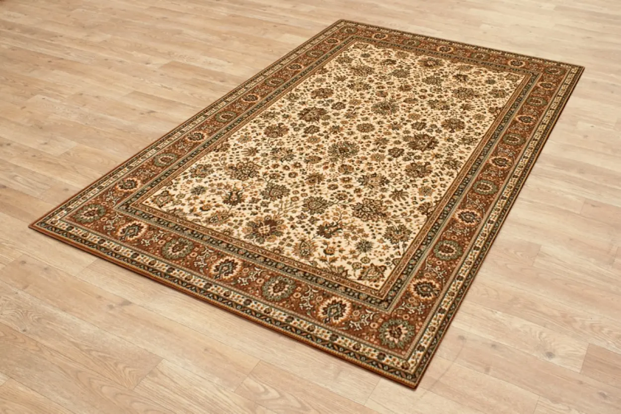 Kashmir woven rug - Cream & Orange - Machine woven rug with Traditional design