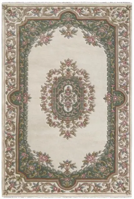 Mahal Indian Rug - Cream & Green - Handknotted Floral design Indian rug