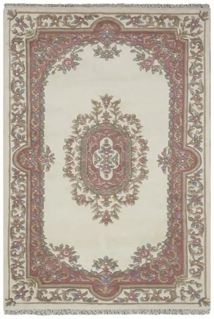 Mahal Indian Rug - Cream & Rose - Handknotted Floral design Indian rug