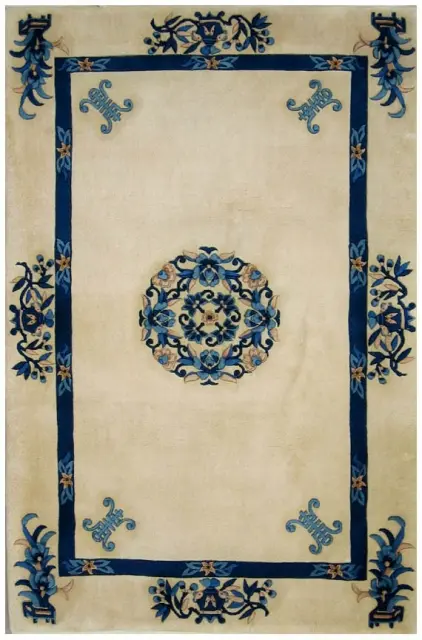 Premier Superwashed Chinese Rug - Cream & Blue - Luxury handknotted Chinese Rug
