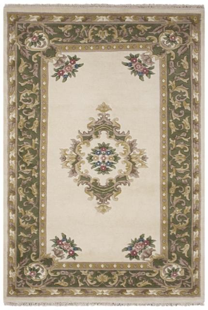 Super Rajbik rug - Cream & Green - Handknotted Indian Aubusson design rug RAJ001