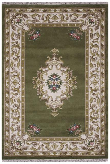 Super Rajbik rug - Green & Cream - Handknotted Indian Aubusson design rug RAJ002
