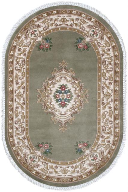 Super Rajbik rug - Green & Cream - Handknotted Indian Aubusson design rug RAJ003