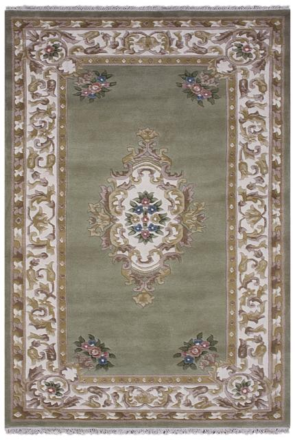 Super Rajbik rug - Green & Cream - Handknotted Indian Aubusson design rug RAJ003