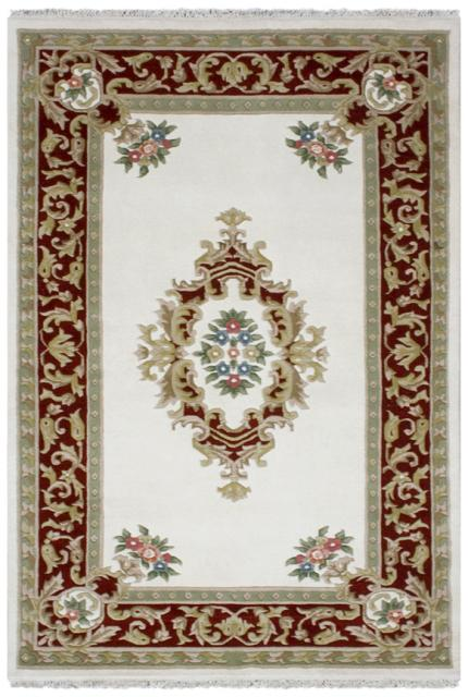Super Rajbik rug - Cream & Red - Handknotted Indian Aubusson design rug RAJ015