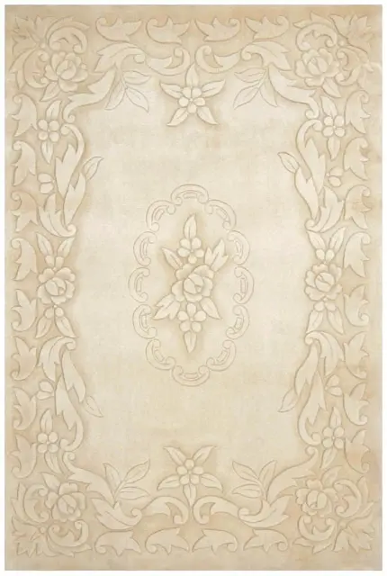 Plain carved Chinese rug - Cream - Handknotted 100% wool rug with Floral design