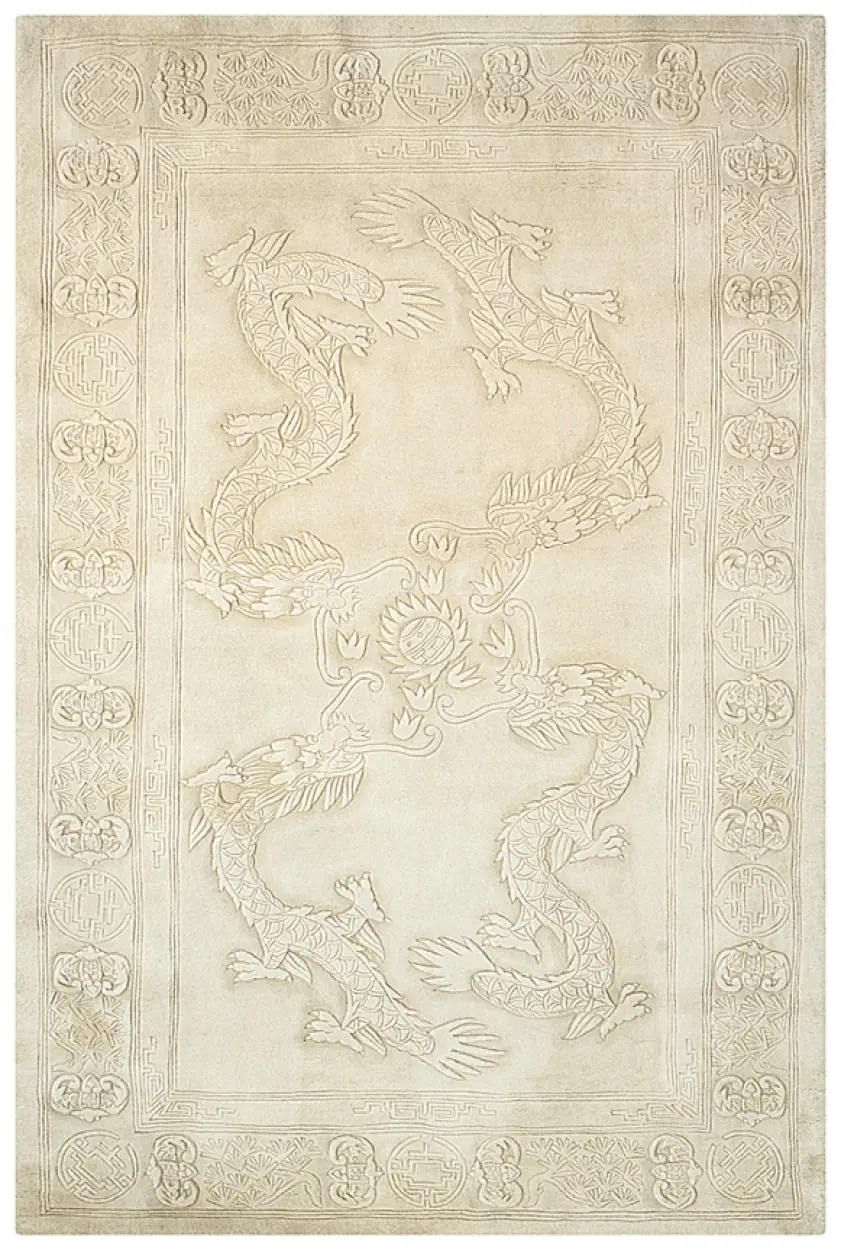 Plain carved Chinese rug - Cream - Handknotted 100% wool rug with Dragon design