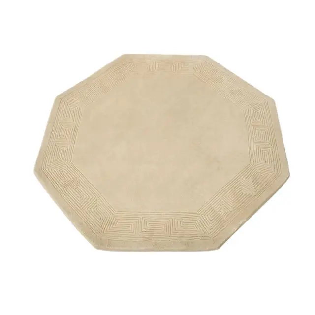 Plain carved Chinese rug - Cream - Handknotted 100% wool rug with Greek Key design SPG201