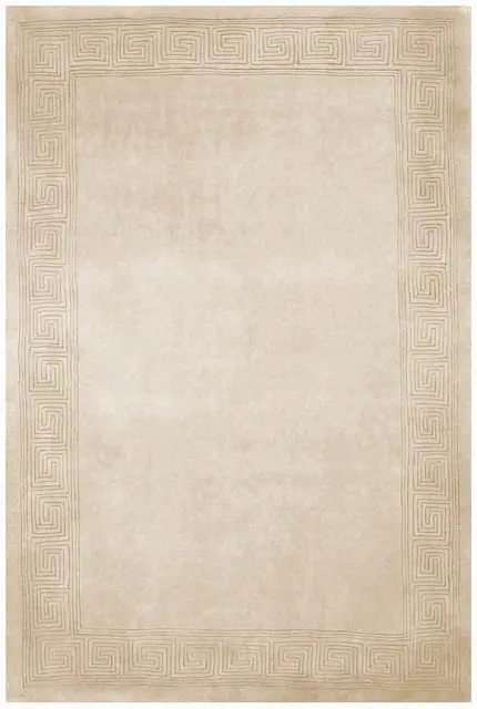 Plain carved Chinese rug - Cream - Handknotted 100% wool rug with Greek Key design
