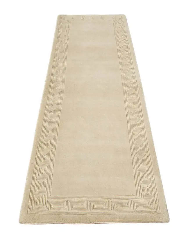 Plain carved Chinese rug - Cream - Handknotted 100% wool rug with Greek Key design SPG201