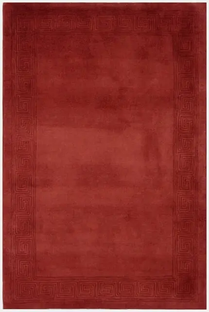 Plain carved Chinese rug - Red - Handknotted 100% wool rug with Greek Key design
