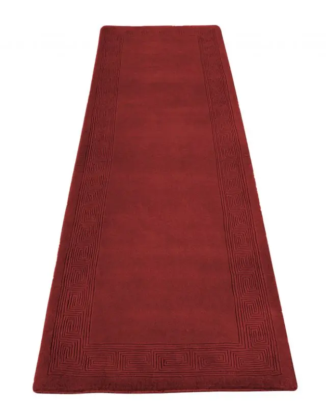 Plain carved Chinese rug - Red - Handknotted 100% wool rug with Greek Key design SPG333